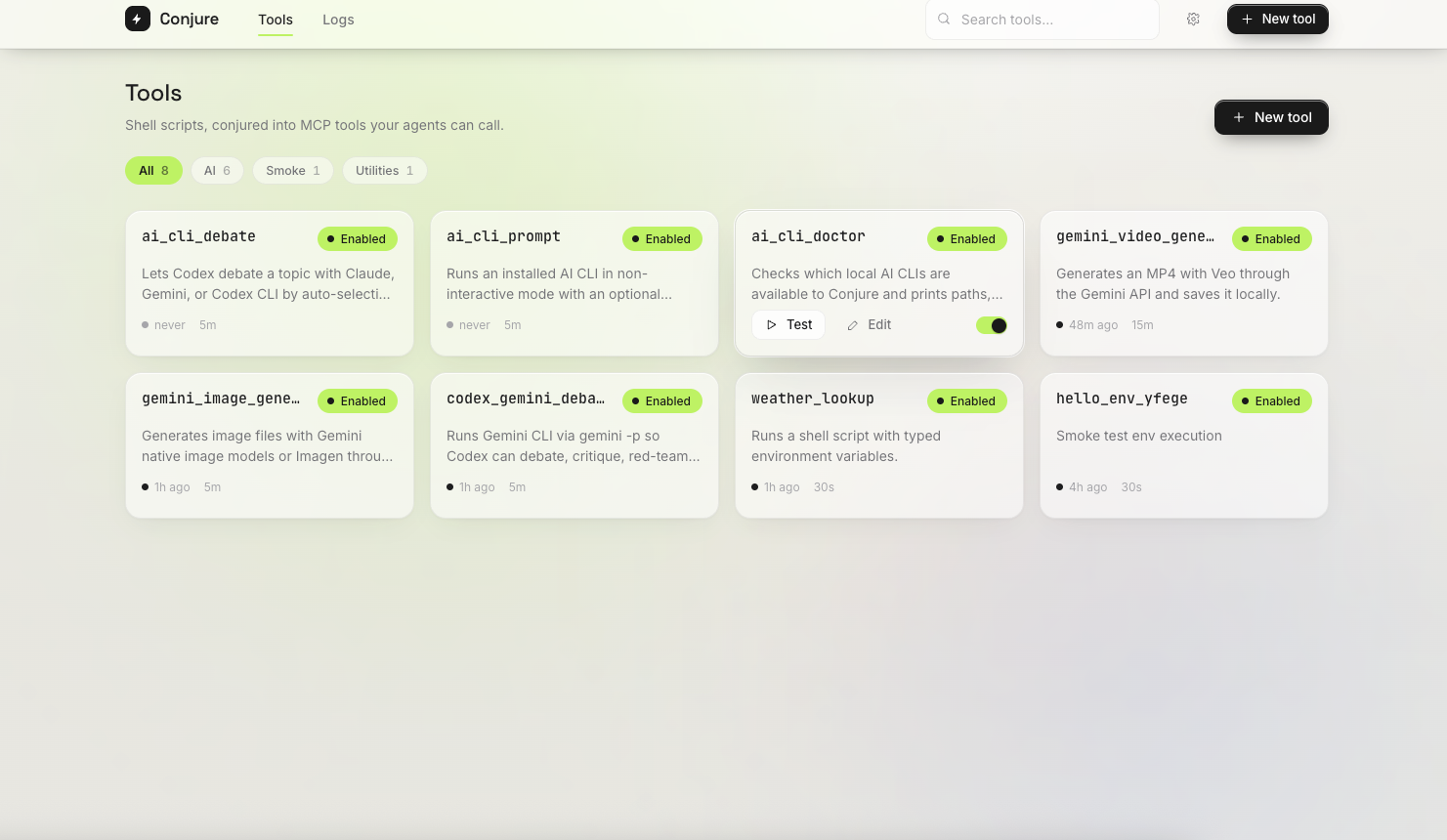 Conjure Tools page — glass card grid of MCP tools